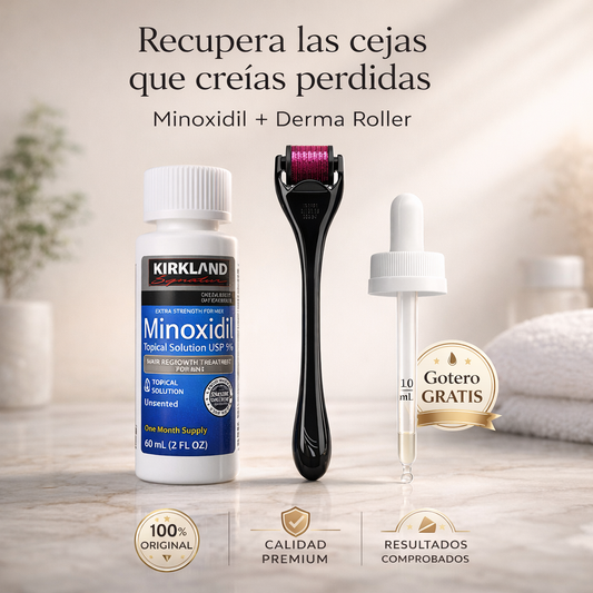 Minoxidil + dermaroller + gotero gratis. Activa el crecimiento real de tus cejas